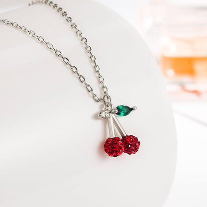 Sweet Cherry Pendant Necklace Mori Style Simple Full Diamond