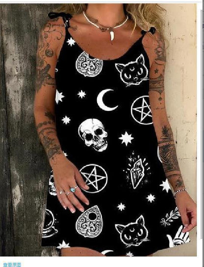 3D Printed Halloween Skull Lace Up Short Dress