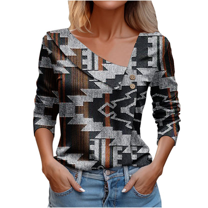 Women's Long-sleeved V-neck Printed T-shirt