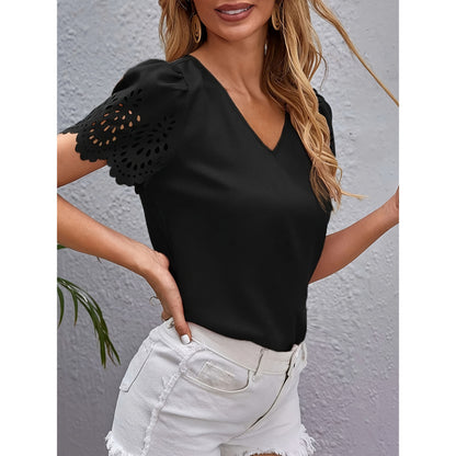 Hollow Pleated Puff Sleeve V-neck Women's Fashion Top