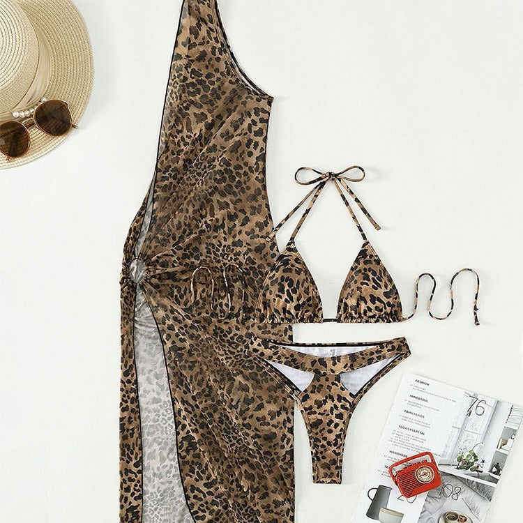 Women's Halter Lace-up Leopard Print Dress Three-piece Set