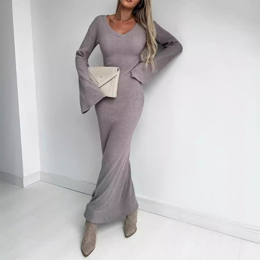 Knitted V-neck Long Sleeve Thick Dress Women