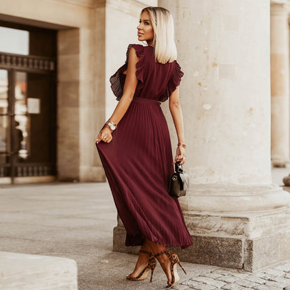 European And American Elegant Beach Fashion Slim Sexy Ruffle Sleeve Chiffon Solid Color Dress
