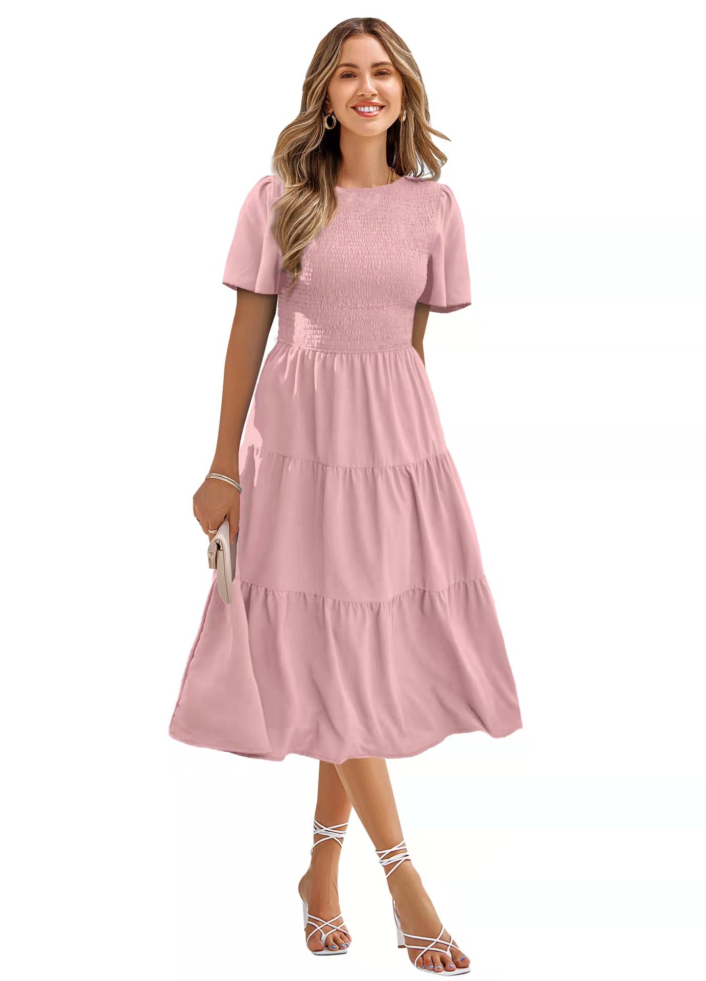 Spring And Summer Round Neck Smocking Vacation Dress