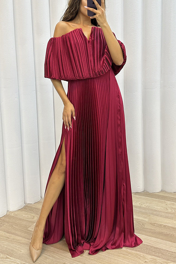 Pleated Off-shoulder Split Elegant Dress Women