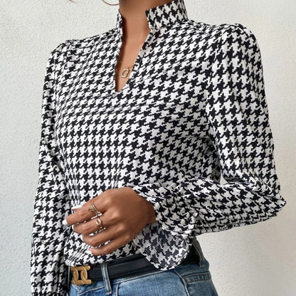 Houndstooth V-neck Long Sleeve Top Women