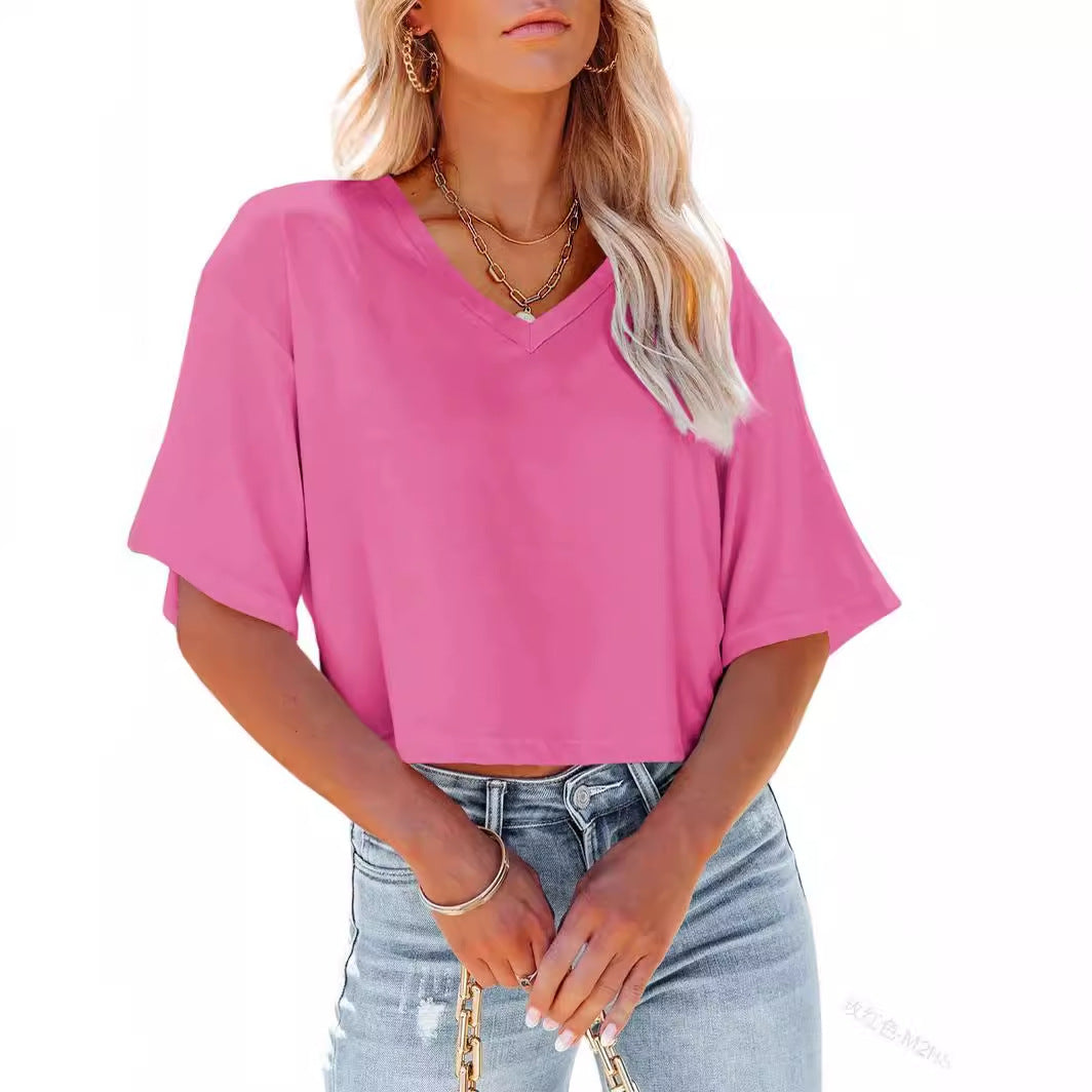 Women's V-neck Short Sleeve Loose T-shirt Short Midriff-baring Top