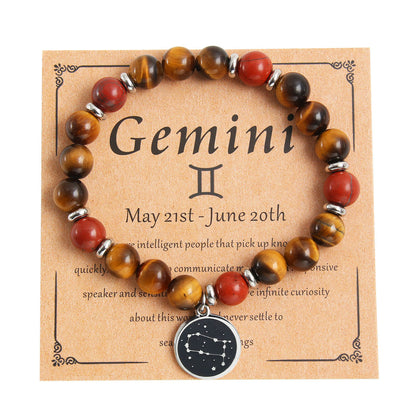 Twelve Constellation Round Stainless Steel Pendant Natural Stone Beaded Bracelet