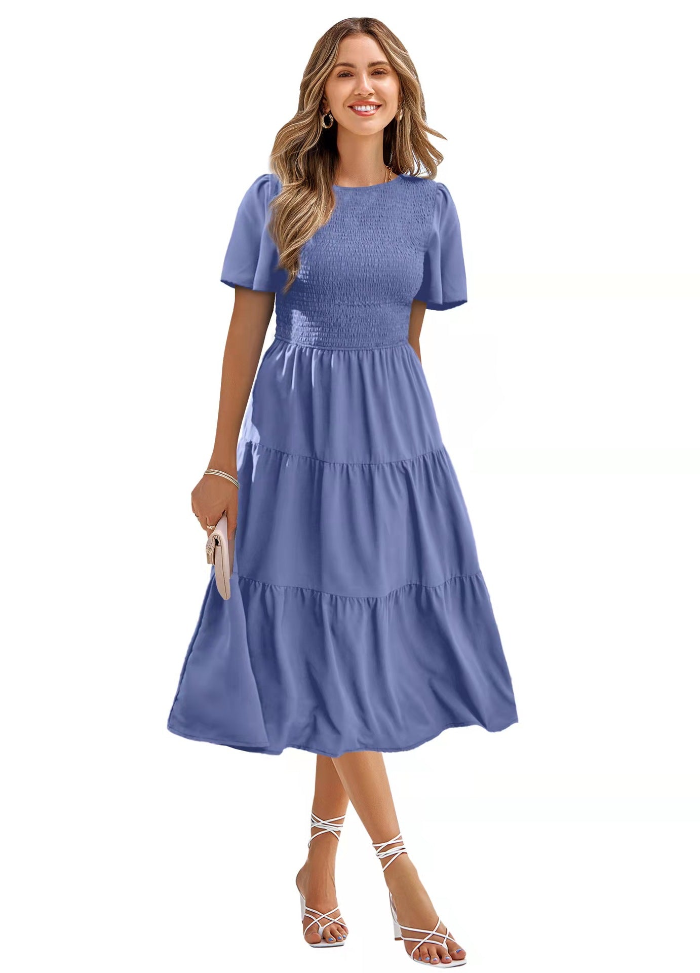 Spring And Summer Round Neck Smocking Vacation Dress