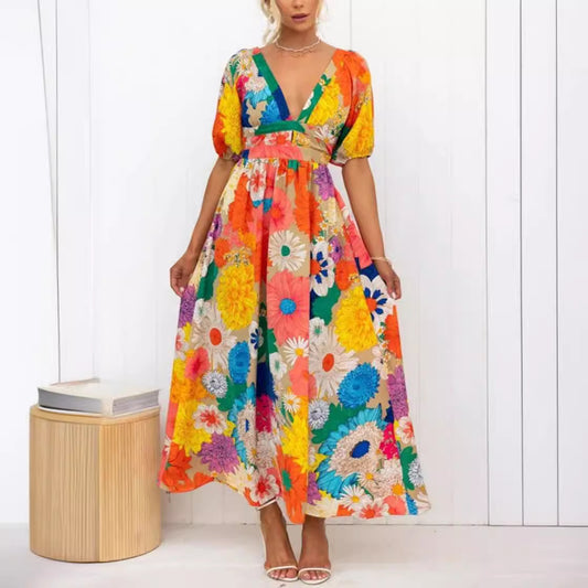 V-neck Printed Puff Sleeve Holiday Dress Women