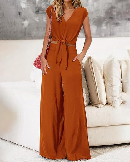 Women's Fashion V-neck Drawstring Short Top Wide Leg Pants Suit