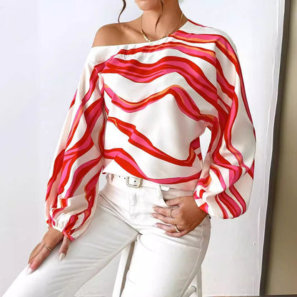 Off-neck Printed Loose-fitting Women's Shirt