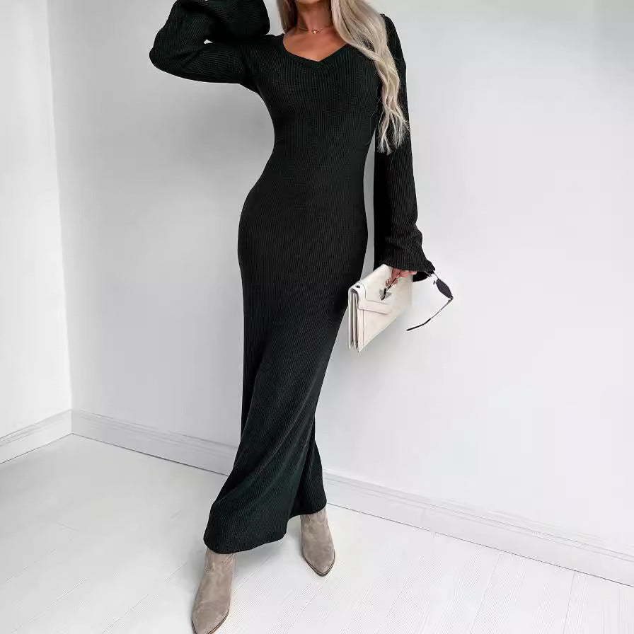 Knitted V-neck Long Sleeve Thick Dress Women