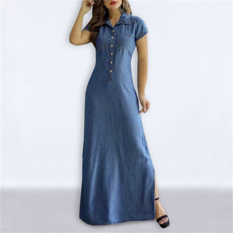 Shirt Collar Slit Pocket Large Swing Skirt Plus Size Denim Dress