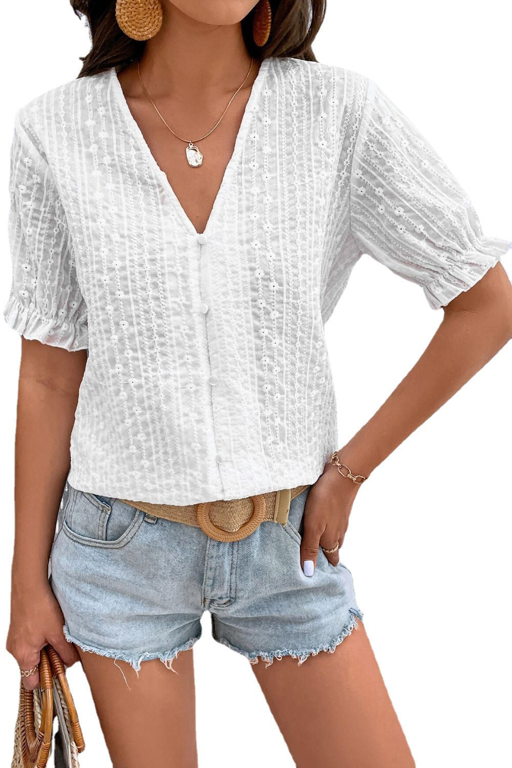 Women's Lace Puff Sleeve Buckle Street Top