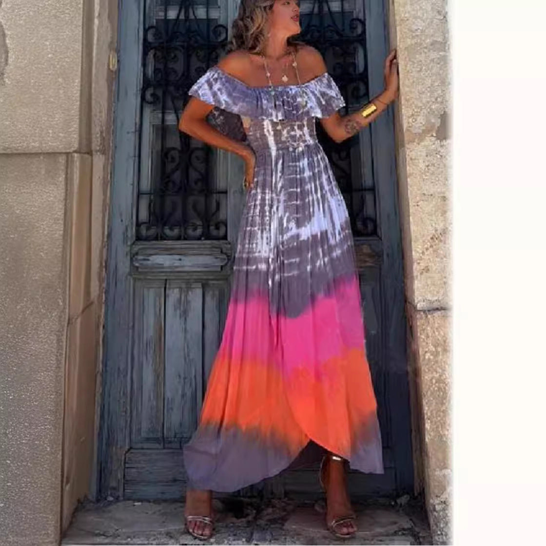 Off-shoulder Tie-dyed Split Women's Dress