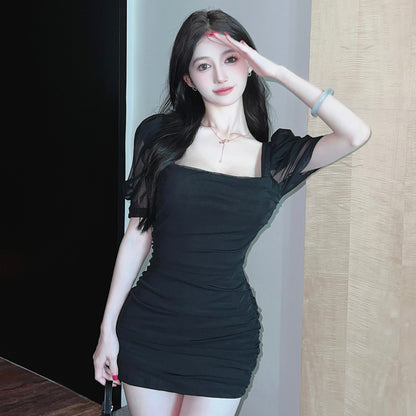 Slim-fit Sexy Mesh Puff Sleeve Tight Short Sleeve Sheath Dress