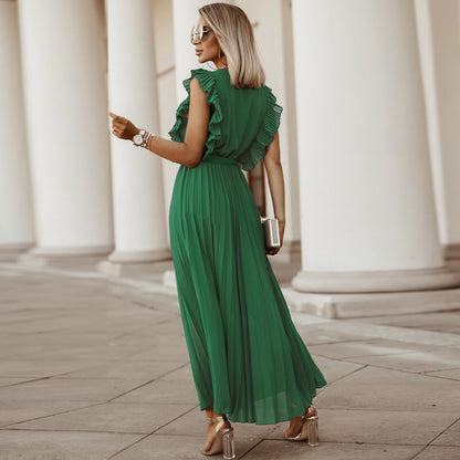 European And American Elegant Beach Fashion Slim Sexy Ruffle Sleeve Chiffon Solid Color Dress