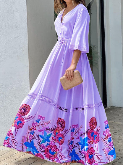 Lace Printed Stitching 7-point Sleeve V-neck Long Large Hem Dress