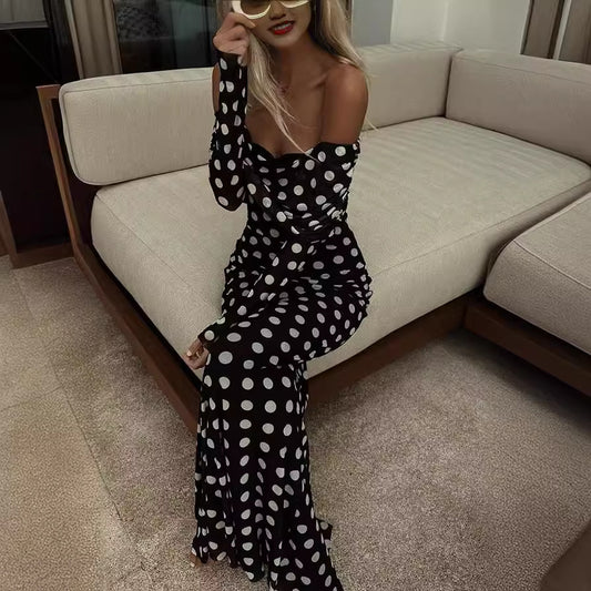 Polka Dot Stitching Off-shoulder Slim Fit Dress