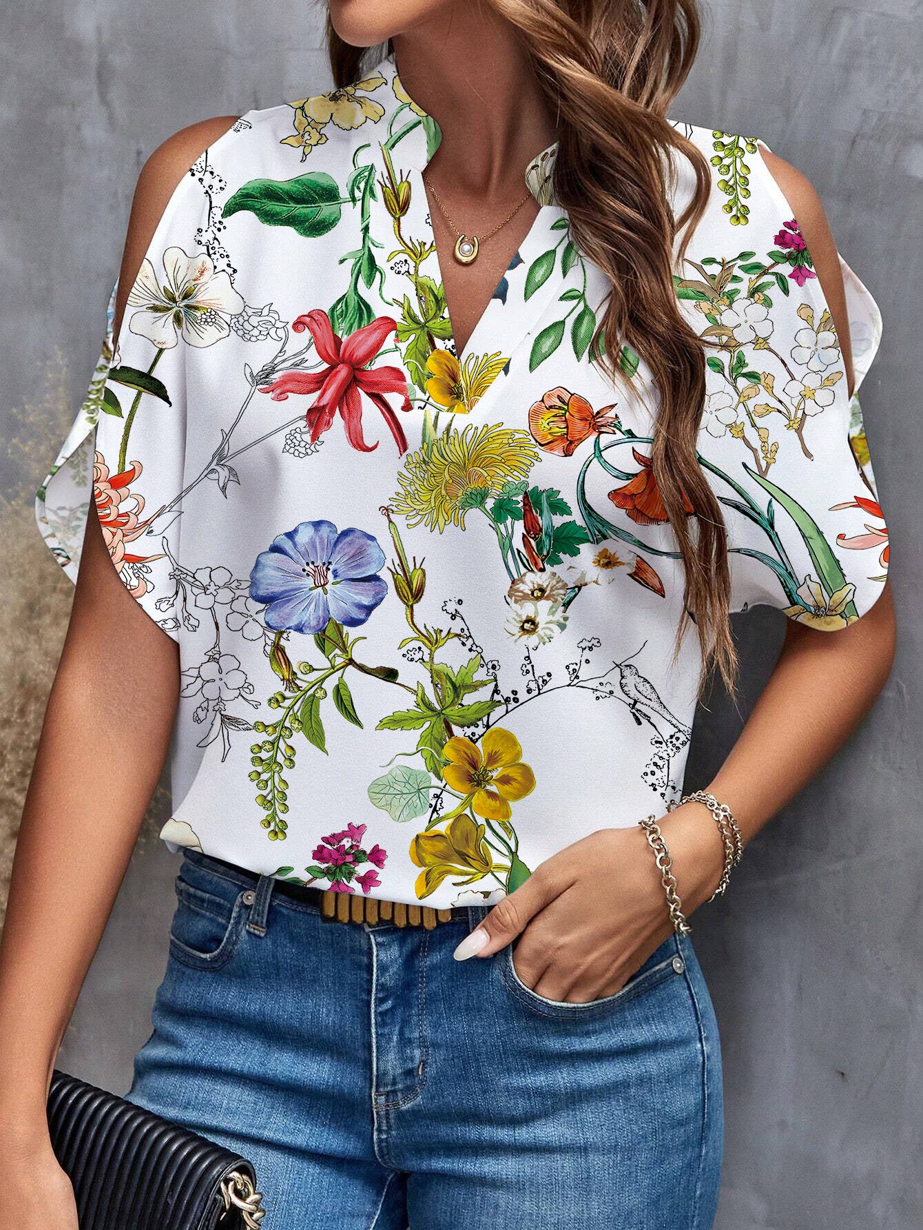 Women's Loose Off-the-shoulder Printed V-neck Top