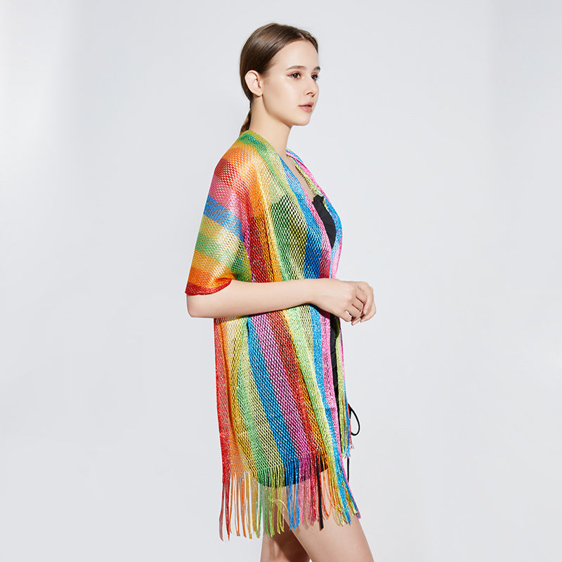 Rainbow Striped Long Beard Sunscreen Shawl Scarf