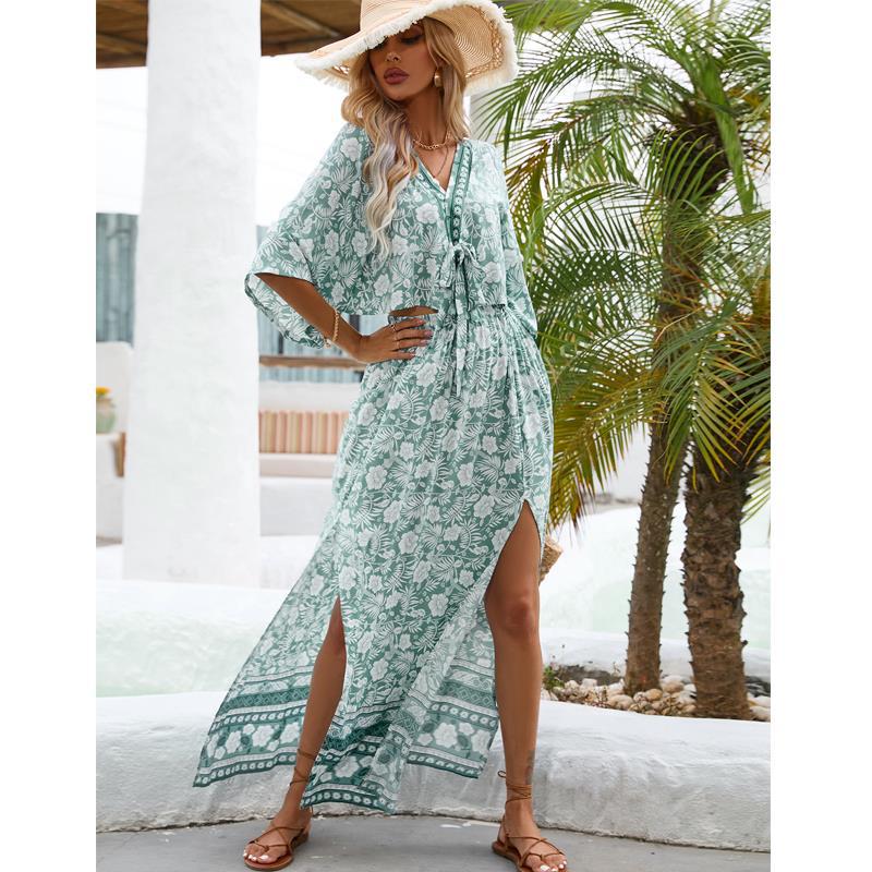 Vacation Beach Suit Skirt Deep V Top Split Skirt Two-piece Set