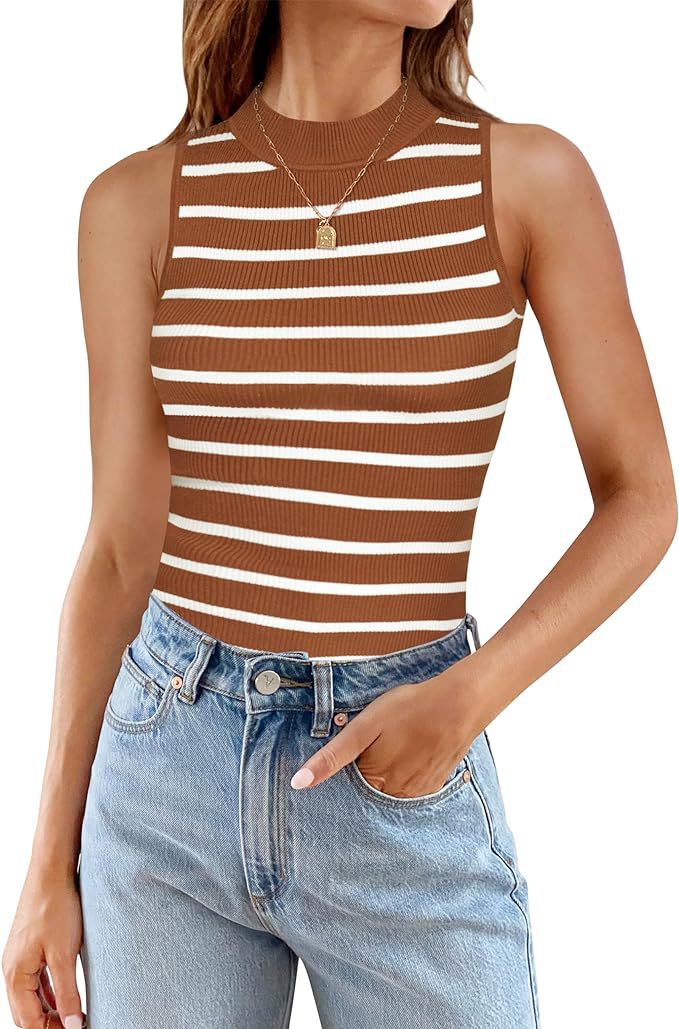 Women's Fashion Casual Sleeveless Ribbed Turtleneck Slim Striped Top