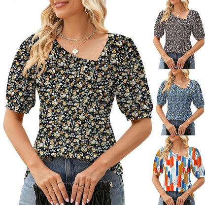 Women's Short Sleeve Irregular Puff Sleeve Loose Floral T-shirt