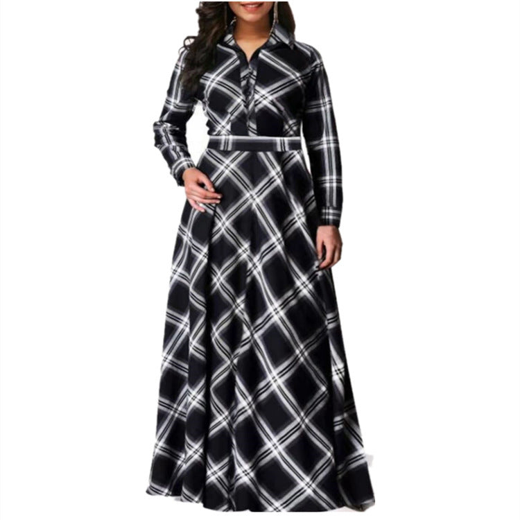 Plaid New Long Long Dress Black And White Temperament Commute Mid-waist Swing Dress