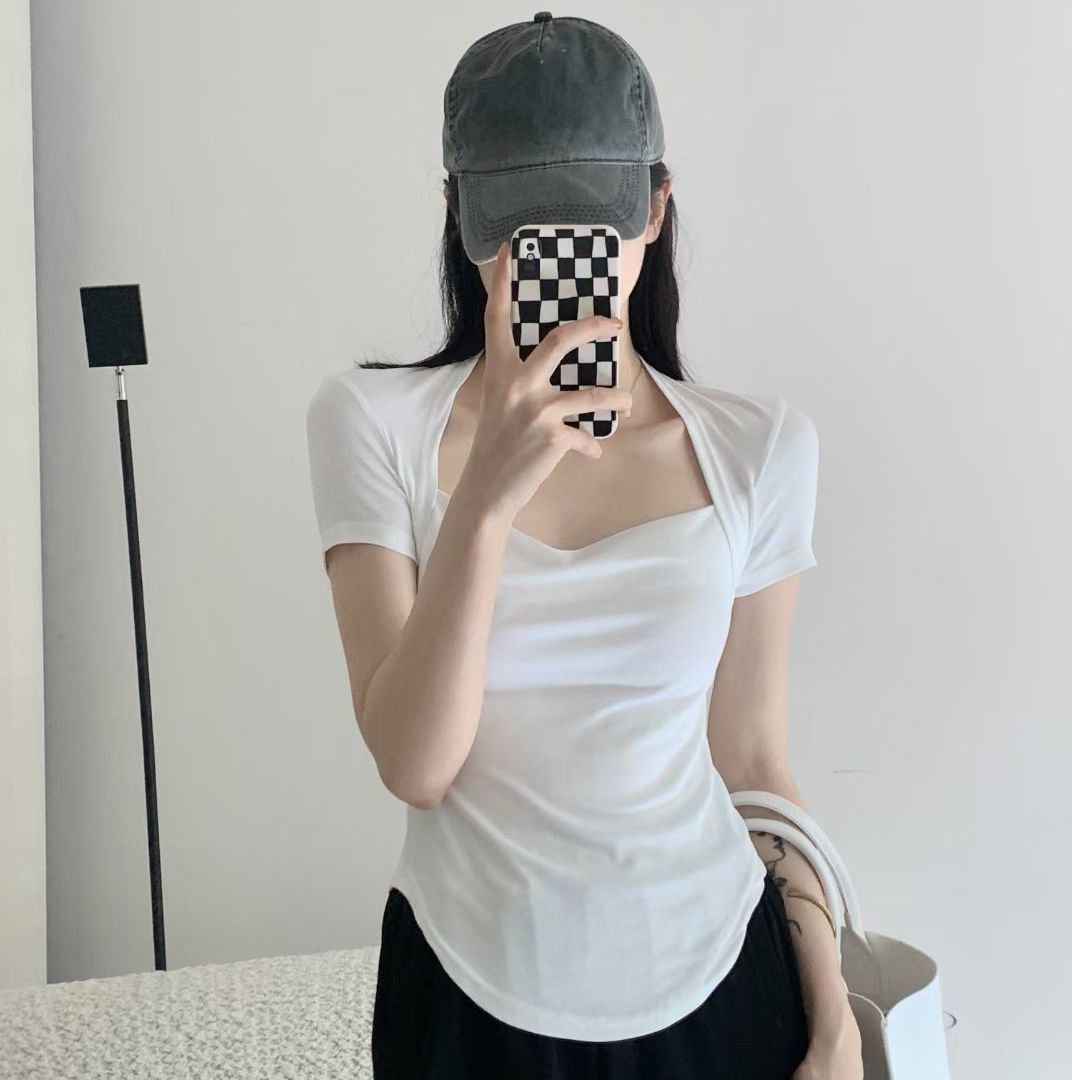 Square Collar Short Sleeve Women's Top Bottoming Shirt