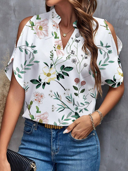 Women's Loose Off-the-shoulder Printed V-neck Top