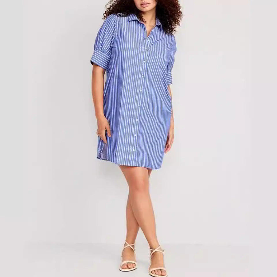 Striped Pocket Single-breasted Dress Women