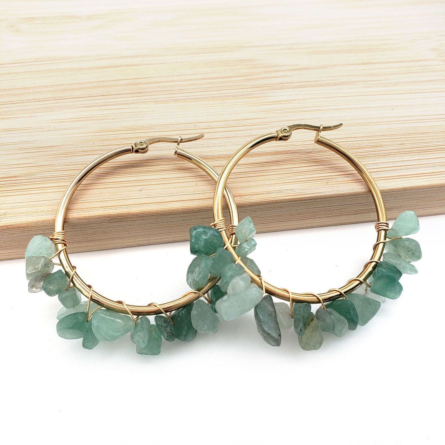 Large Circle Natural Crystal Stone Earrings Hand-wrapped Green Donglin Stone Women's Commuter Stainless Steel Earrings