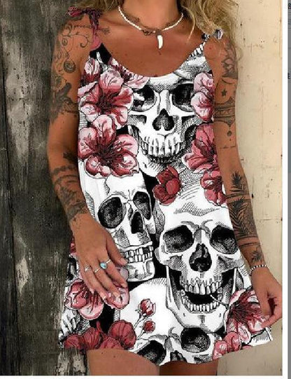 3D Printed Halloween Skull Lace Up Short Dress