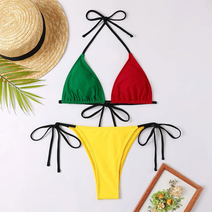 Color Contrast Patchwork Bikini Tether Split Swimsuit For Women