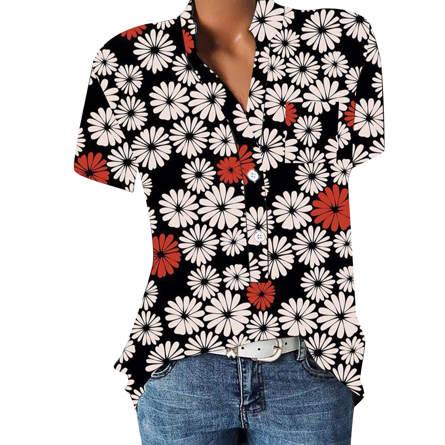 Women's V-neck Floral Print Short-sleeved Shirt