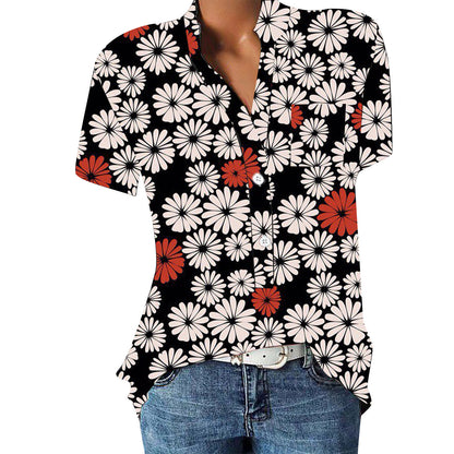 Women's V-neck Floral Print Short-sleeved Shirt