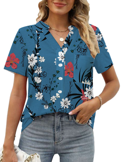 Women's V-neck Floral Print Short-sleeved Shirt