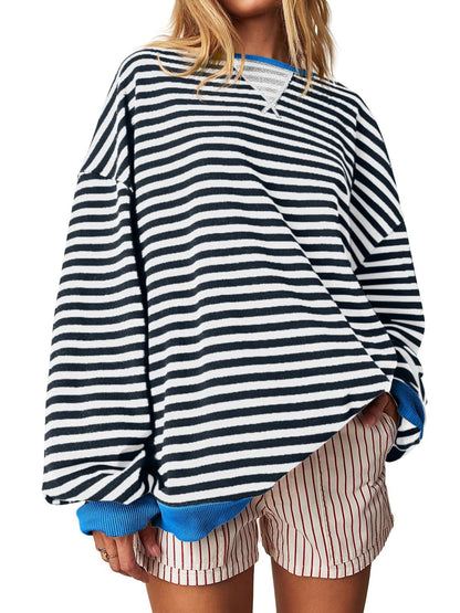 Women's Striped Embroidered Stitching Color-inserted Pullover Sweater