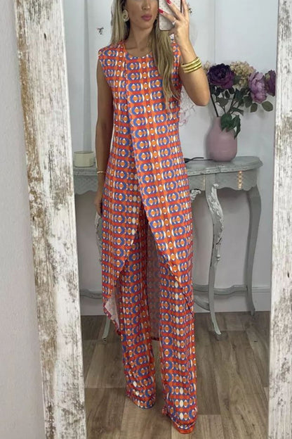 Floral Print Slit Vest Top And Trousers Suit Women