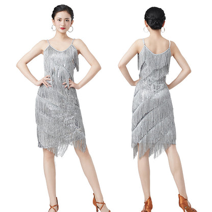 Latin Dance Sequins Tassel Dress Suit