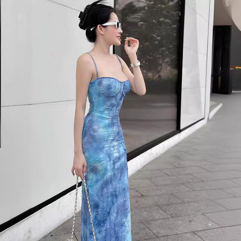 Fashion Tatted Tie-dyed Suspenders Dress Women