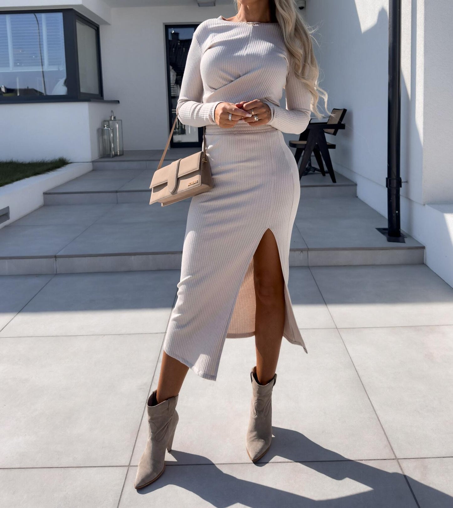 Knitted Slit Long Sleeve Narrow Mid-length Dress Set Women