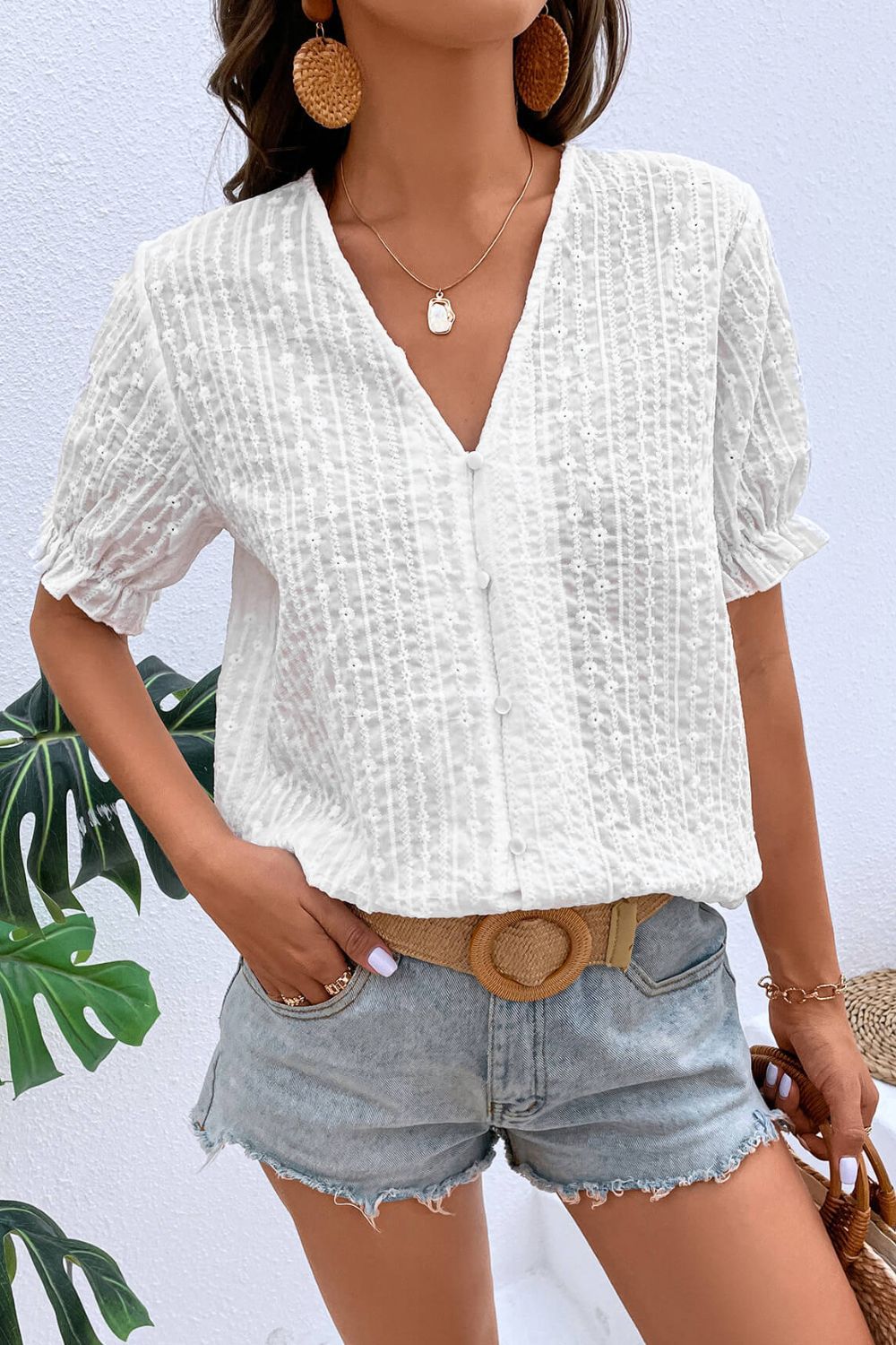 Women's Lace Puff Sleeve Buckle Street Top