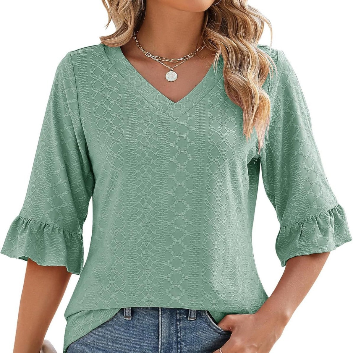 34 Flare Sleeve V-neck Casual Loose-fitting T-shirt Top Women