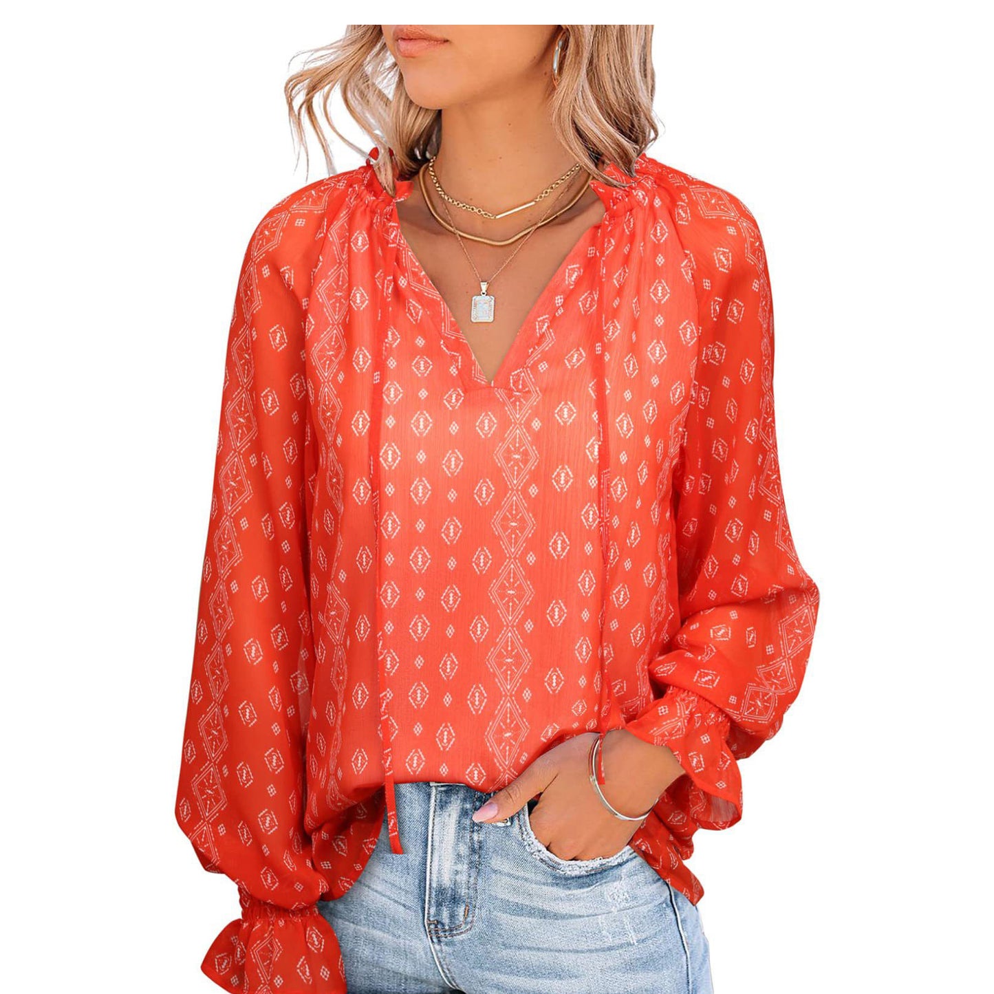 Women's V-neck Lace-up Printed Shirt Top