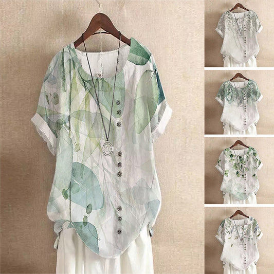 Women's Retro Cotton And Linen Fashion Printed Loose Top