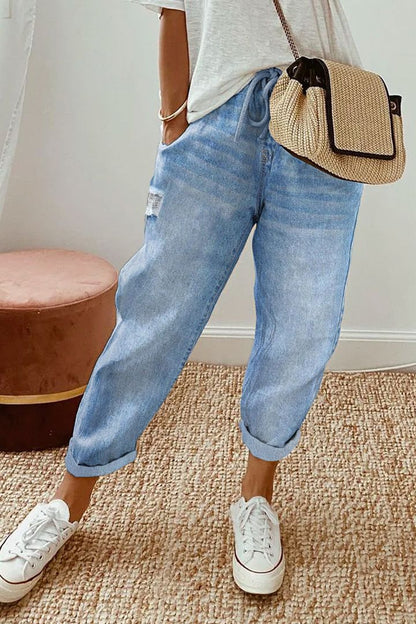 All-match Solid Color Drawstring Wash Denim Trousers For Women