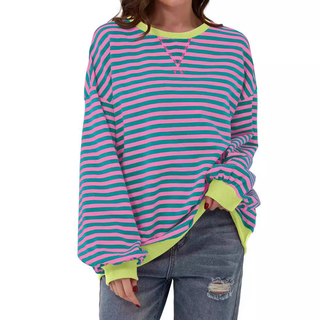 Simple Home Striped Pattern Round Neck Top